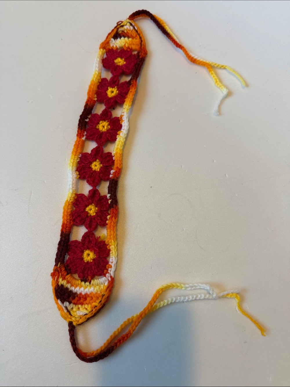 Crochet Floral Headband with Red Flowers and Yellow Accents